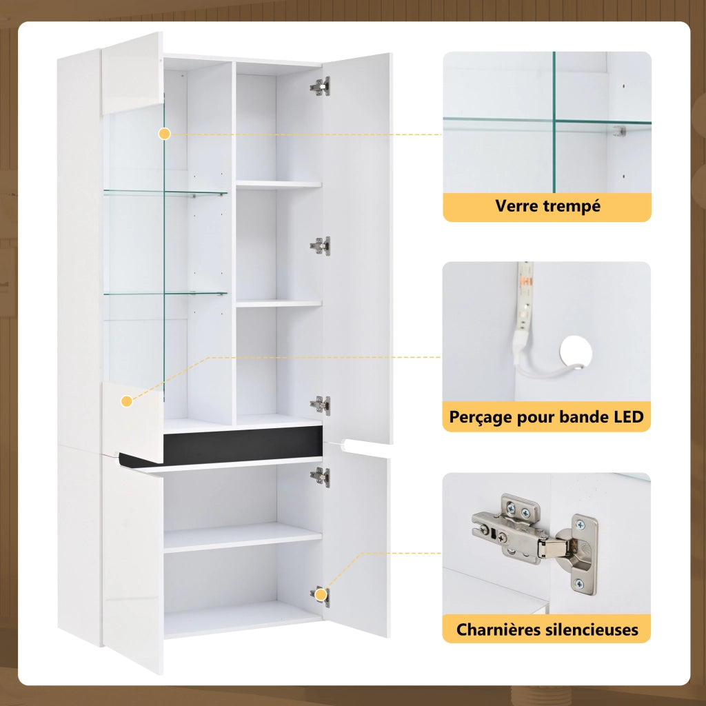 Vetrina 80x35x180 cm con LED Bluetooth in MDF bianca