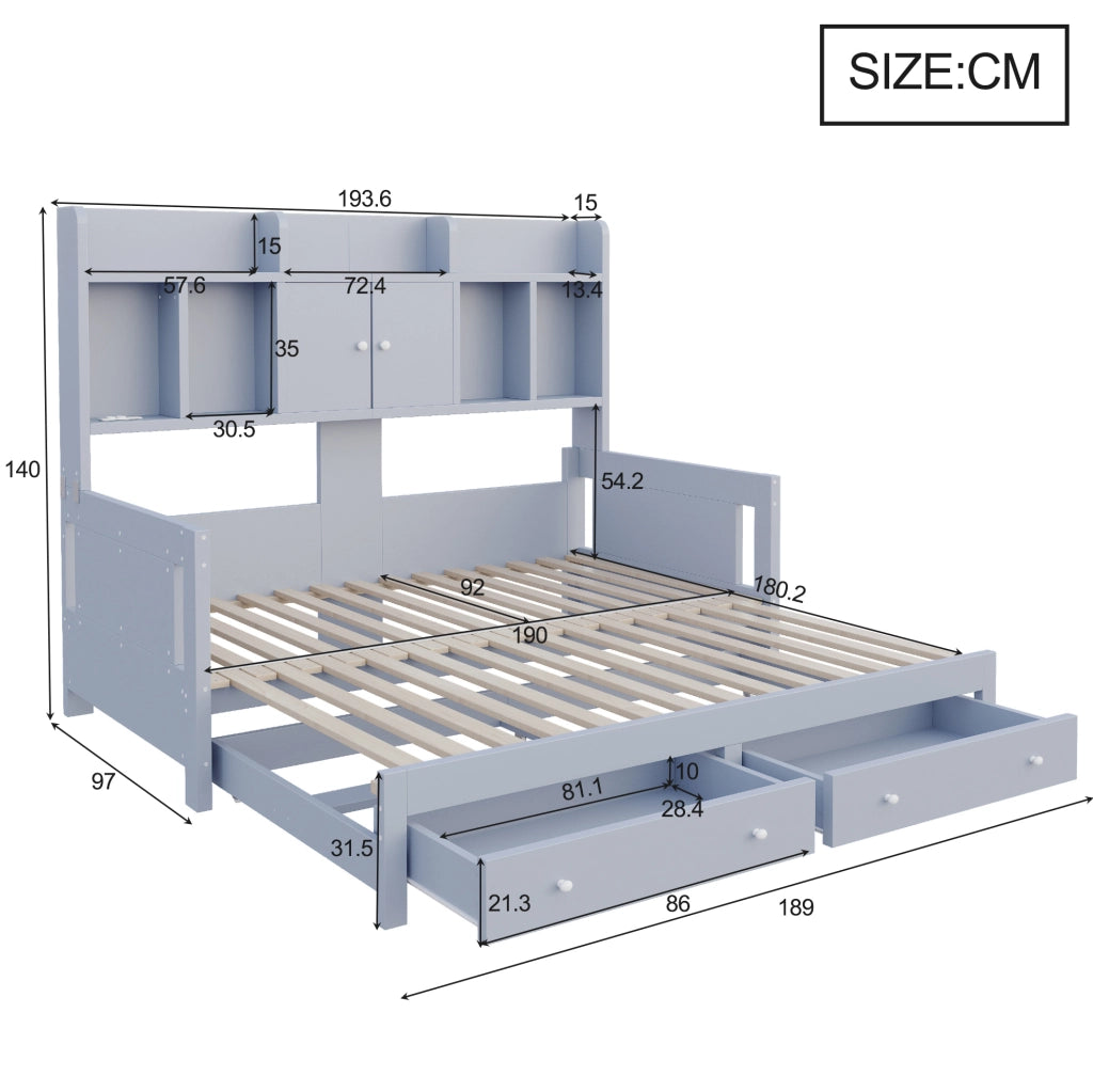 Divano letto estraibile 90x190 cm con cassetti e LED in legno grigio