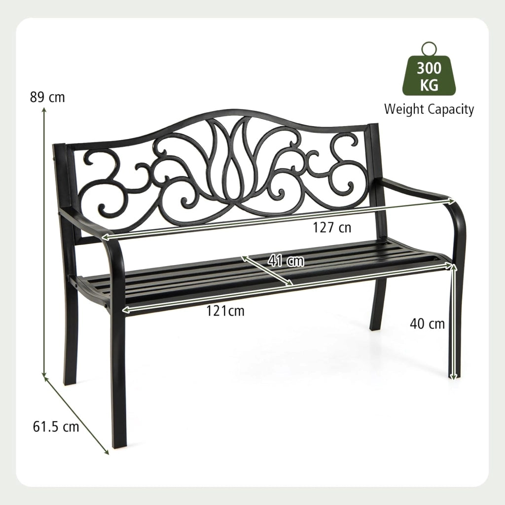Panchina da Giardino, Panca da Esterno, Panca da Giardino in Metallo, con Schienale Decorato e Braccioli Curvi, per 2-3 Persone, Design a Doghe, per Parco, Cortile, Balcone, Nero