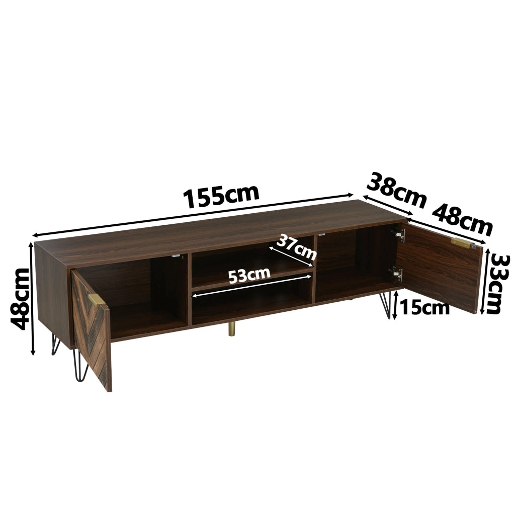 OKWISH Mobile TV con 2 Ante e 2 Vani, Maniglie Dorate e Gambe in Ferro, Naturale, 155×38×48 cm