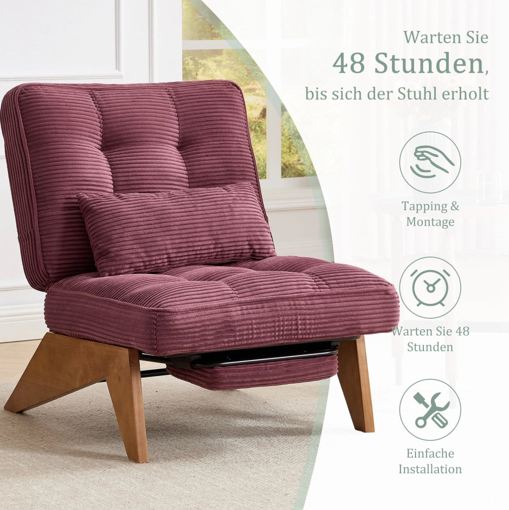 Poltrona lounge reclinabile in velluto a coste; con cuscino lombare; gambe in legno; bordeaux