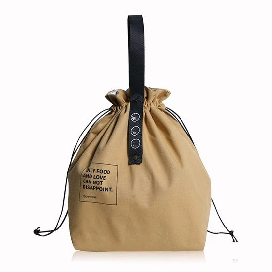 Borsa pranzo in tela isolata con cordino, apribile ampio, pieghevole e leggera, valigetta per il lavoro, ufficio, picnic, gialla
