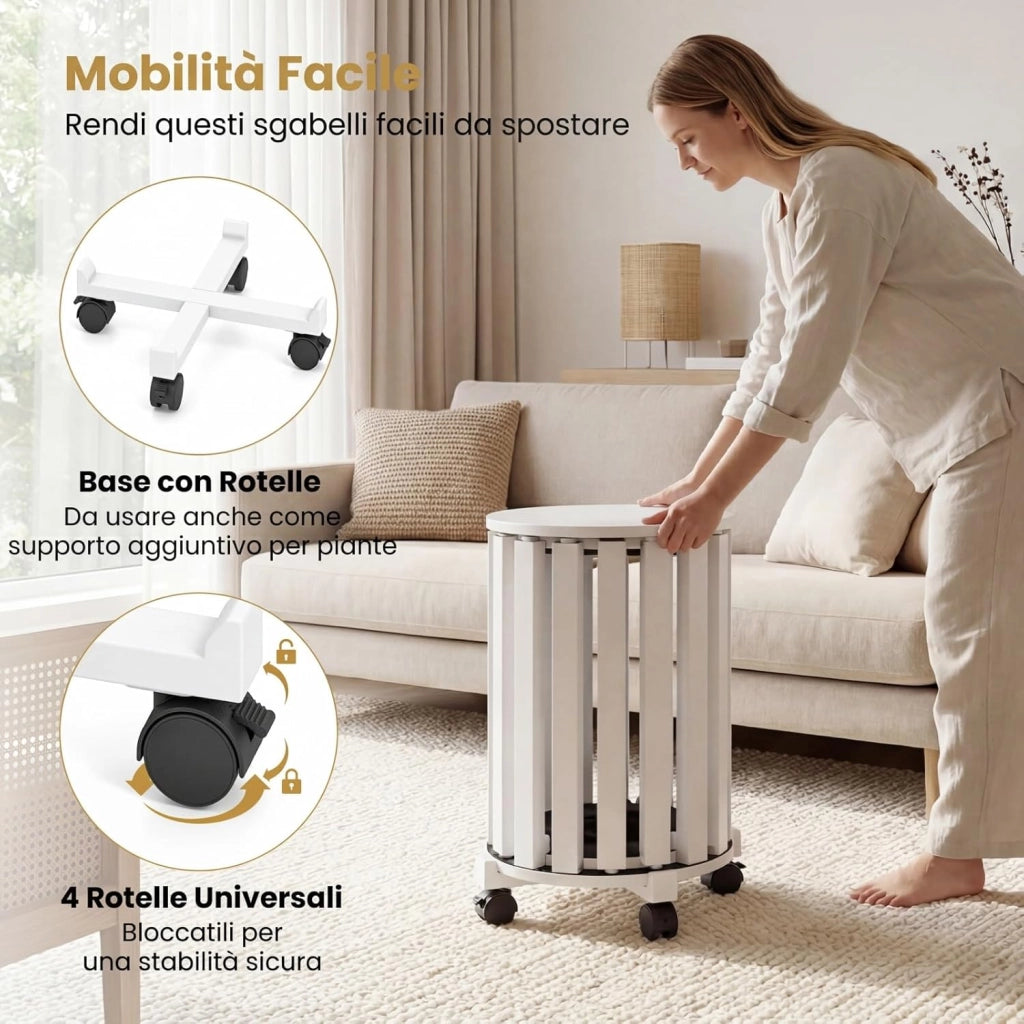 Set di 4 Sgabelli Impilabili 4 in 1, Sgabelli in Legno con Portavaso con Rotelle, 2 Grandi Ø36 cm e 2 Piccoli Ø35 cm, Tavolino Laterale Rotondo per Soggiorno e Camera da Letto (Bianco)