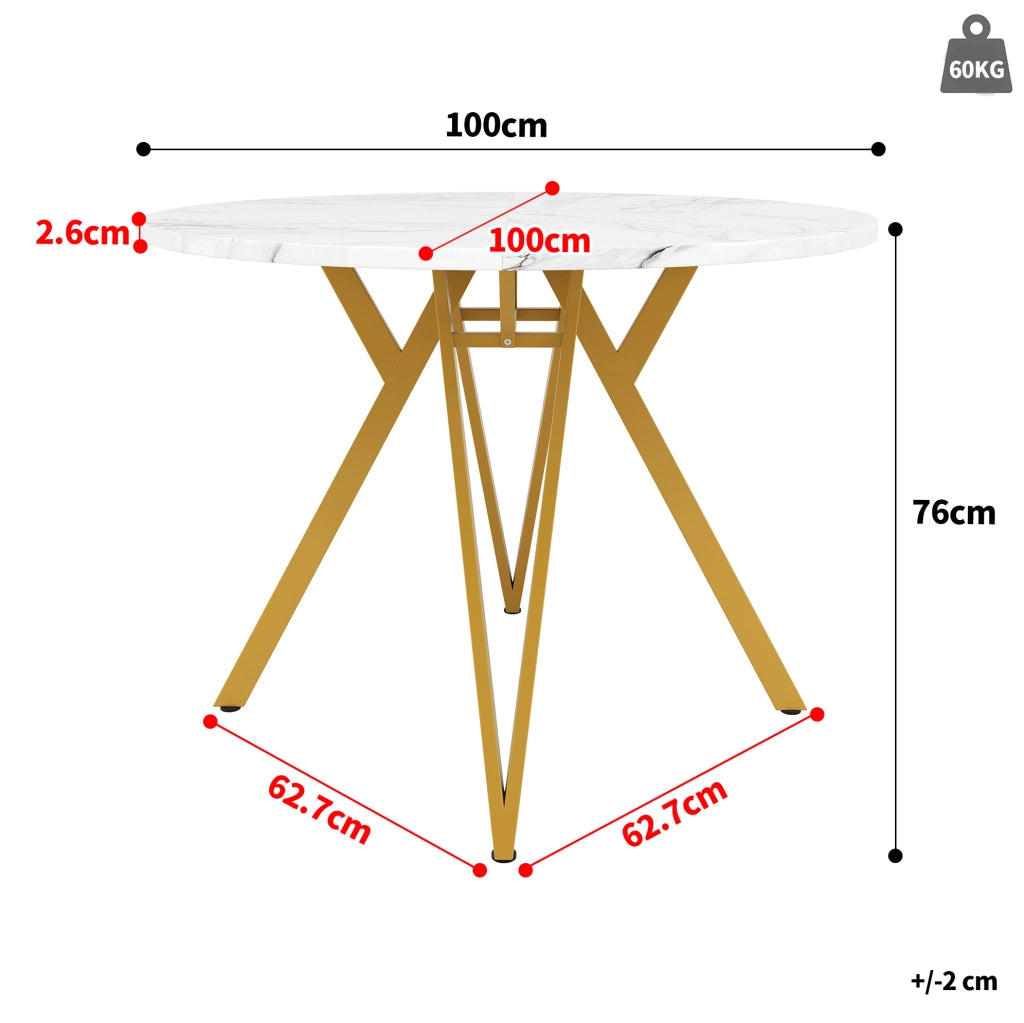Tavolo da pranzo rotondo 100x100x76 cm con piano effetto marmo; piedini regolabili; MDF; oro