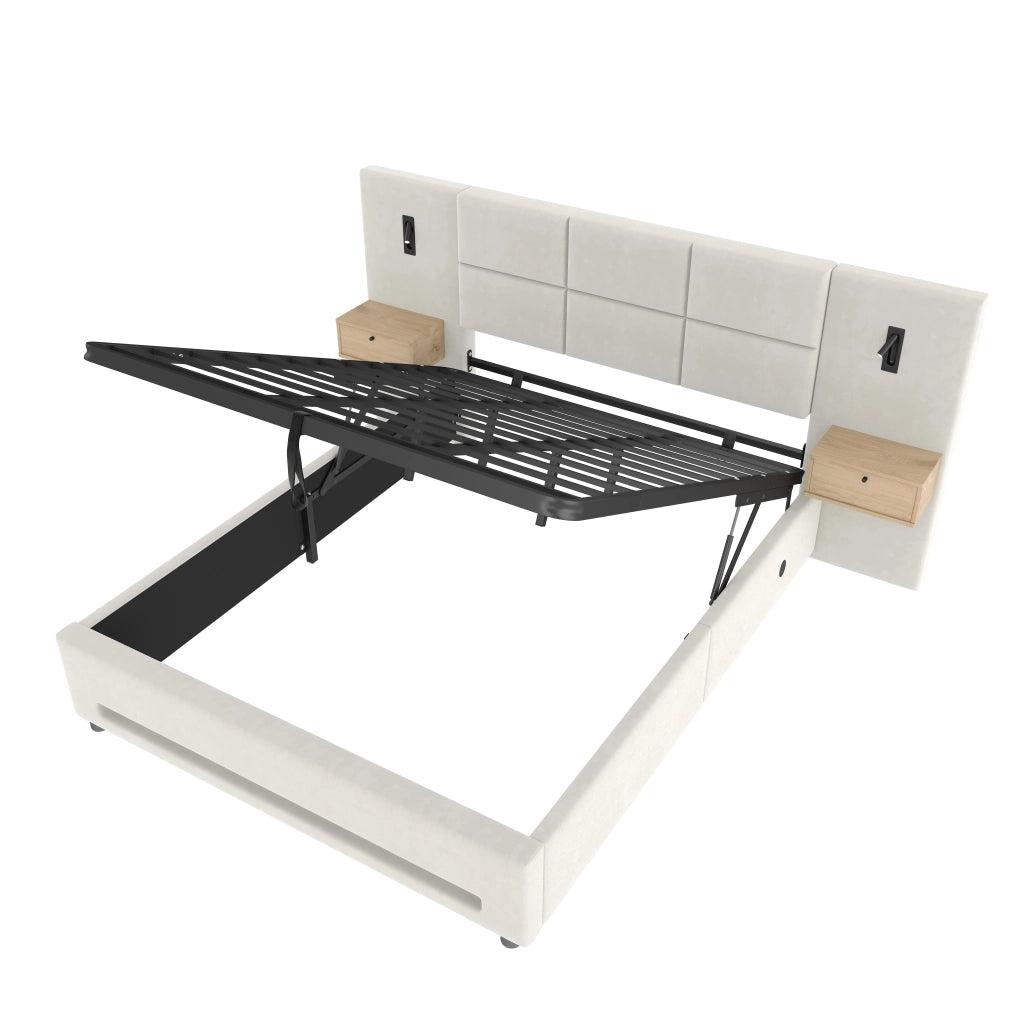 Letto Contenitore 160x200 cm; USB-C; LED; Testiera con Scaffali; Velluto Beige