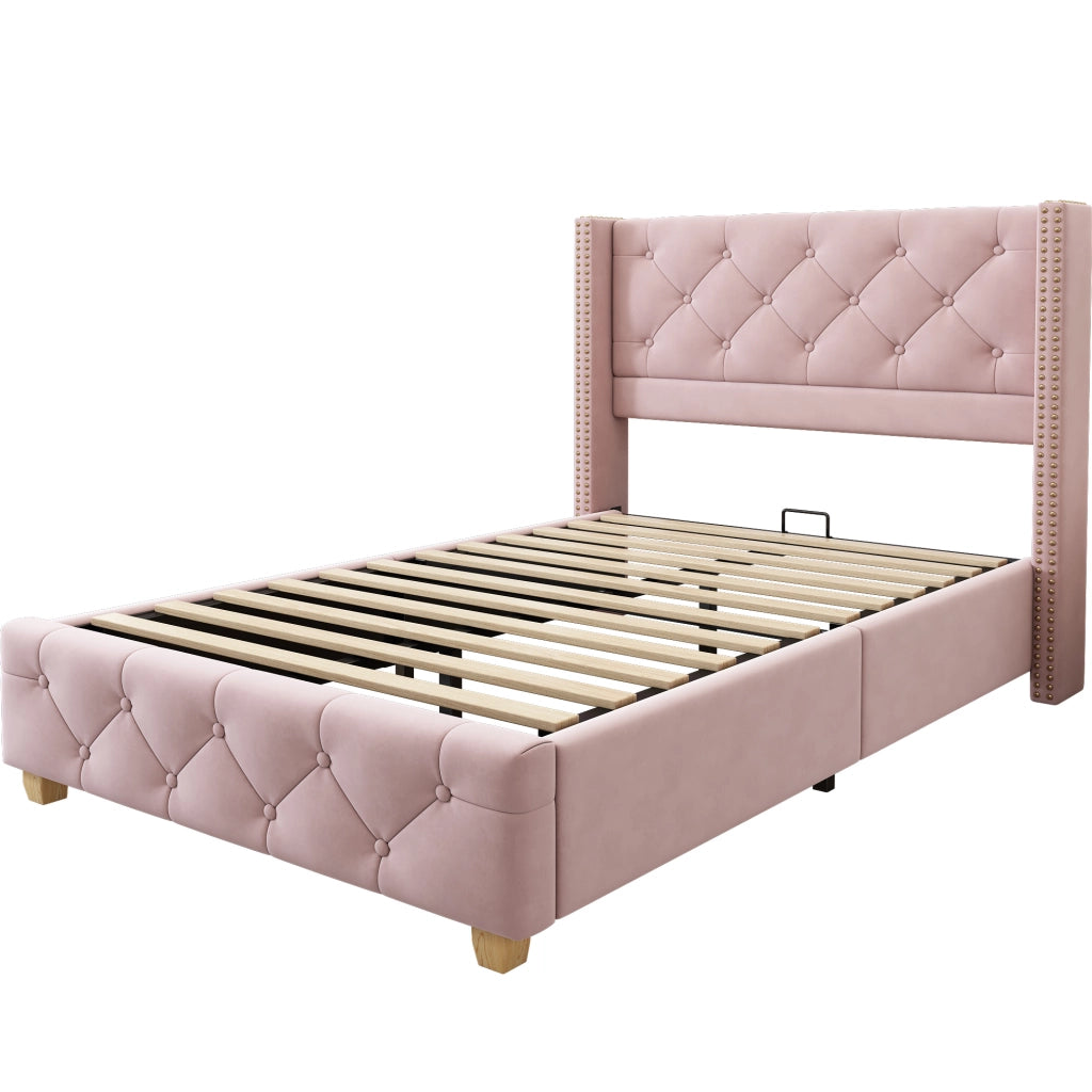 Letto imbottito 90x200 cm in velluto rosa con testiera capitonné e rete a doghe