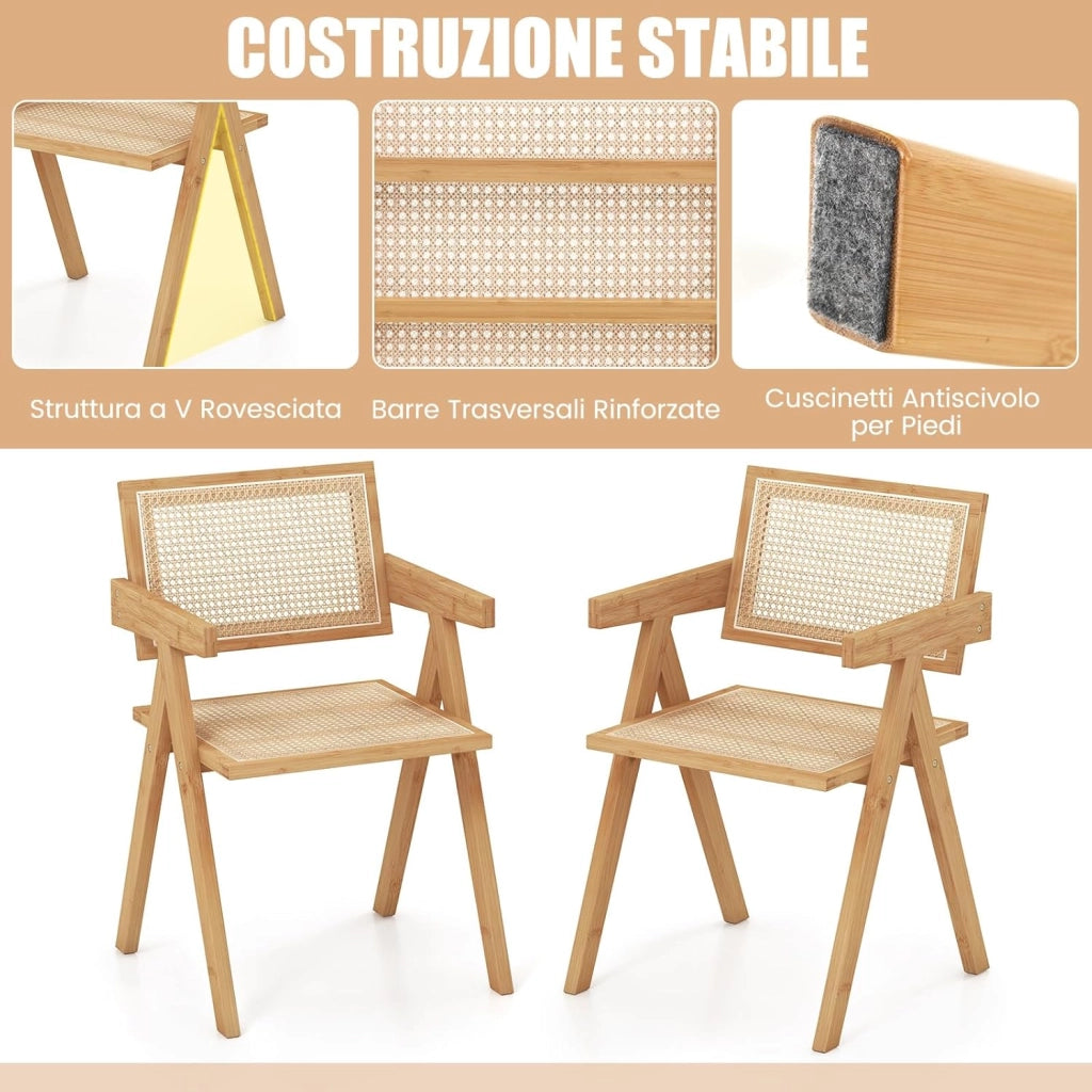 Set di 2 Sedie in Bambù 50 x 52 x 81cm, Sedie da Cucina Moderno con Schienale Ergonomico in Rattan, 4 Piedini in Feltro e Braccioli, Poltrone per Sala da Pranzo, Soggiorno e Ristorante (2)