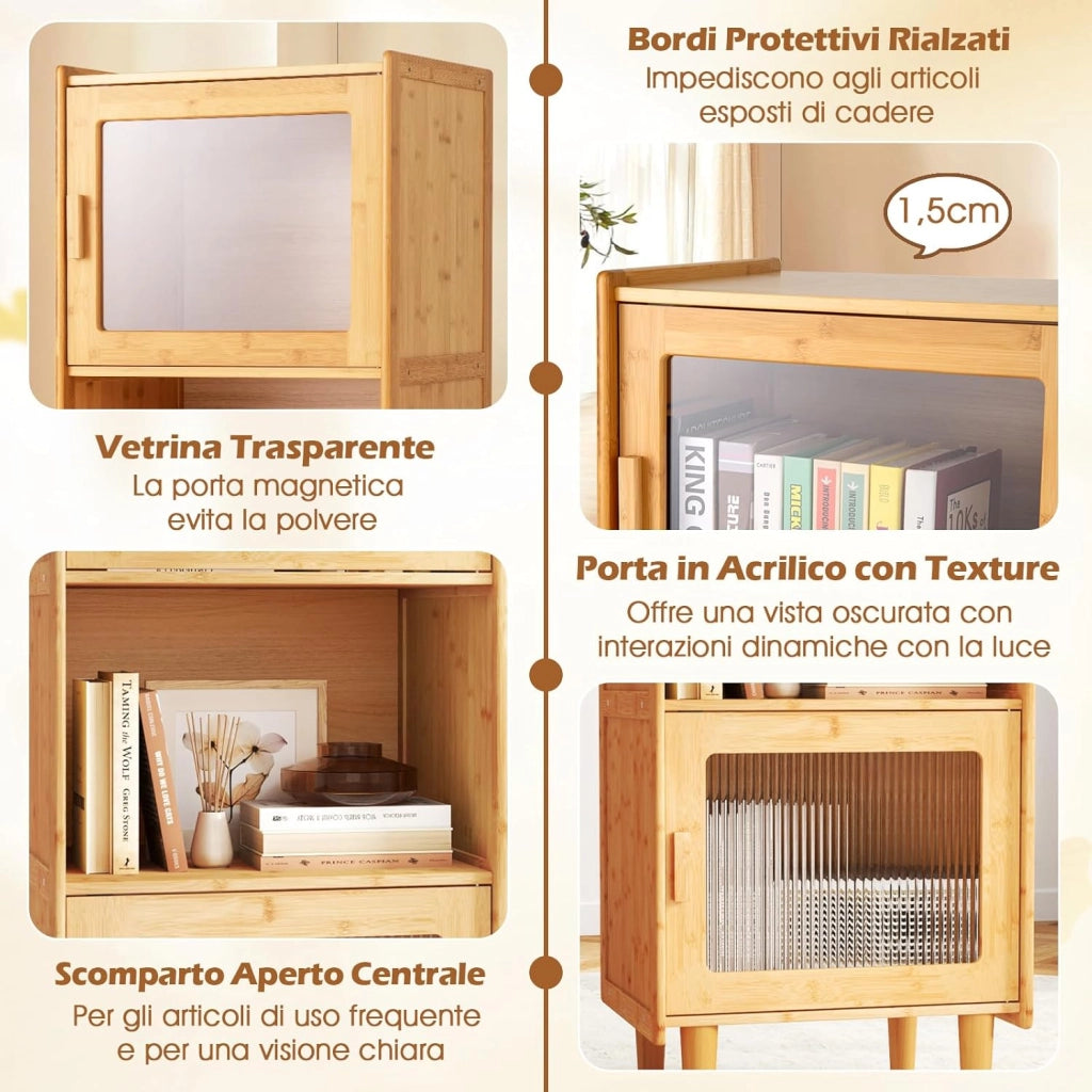 Armadietto da Cucina a 3 Ripiani con 2 Ante in Acrilico Trasparente, Credenza Espositore in Bambù Salvaspazio, Libreria Vetrina per Studio e Soggiorno, 49,5 x 40 x 130 cm, Naturale