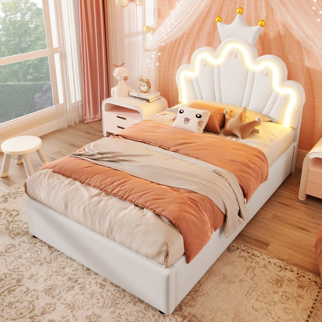 Letto imbottito 90x200 cm con LED, testiera regolabile, contenitore idraulico, PU bianco