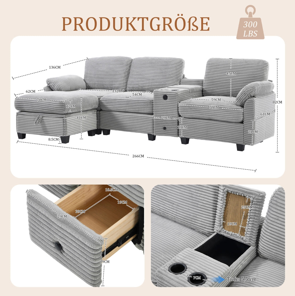 Divano grande in velluto a coste con console scorrevole; USB-C e pouf contenitore; grigio chiaro