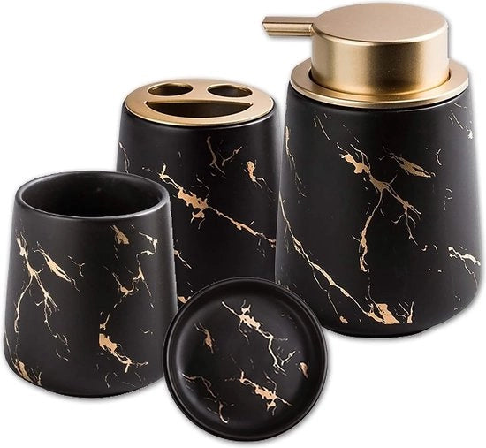 Set da bagno in ceramica, 4 pezzi, set da bagno elegante, accessori da bagno di lusso con dispenser sapone, contenitore sapone e bicchiere per spazzolino da denti in look di marmo, nero