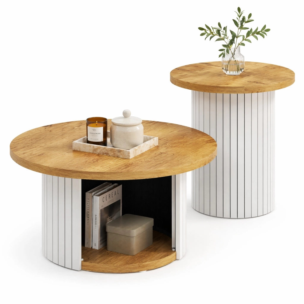 TAVOLINO da salotto rotondo set 2 pezzi 75x75x50+45x45x35 cm MDF naturale