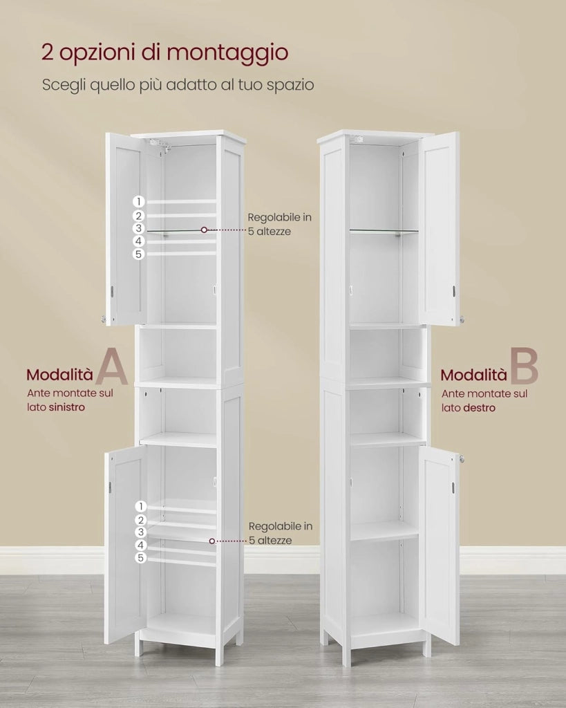 VASAGLE Mobile da Bagno con Luce, Armadietto Mobiletto da Bagno a Colonna con Ripiani Regolabili, Scomparti Aperti, per Piccoli Spazi, Moderno, Bianco Nuvola BBC566W03