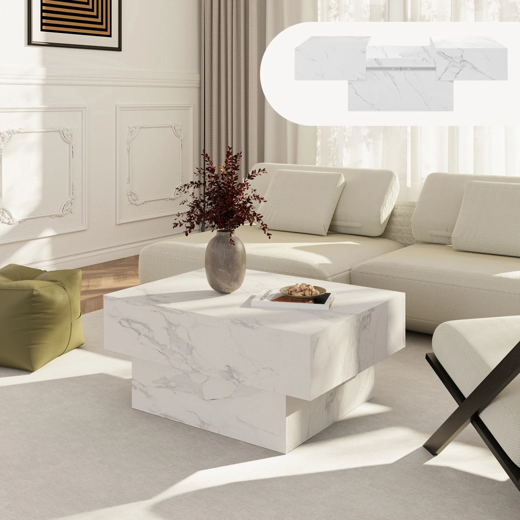 Tavolino Centrale Lens da Salotto con Piano Scorrevole 80 x 60 x 36 cm - Effetto Marmo Bianco [en.casa]