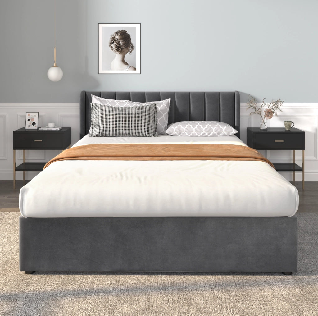 Letto matrimoniale 160x200 cm; testiera alta con 2 cassetti; velluto grigio (Senza materasso)