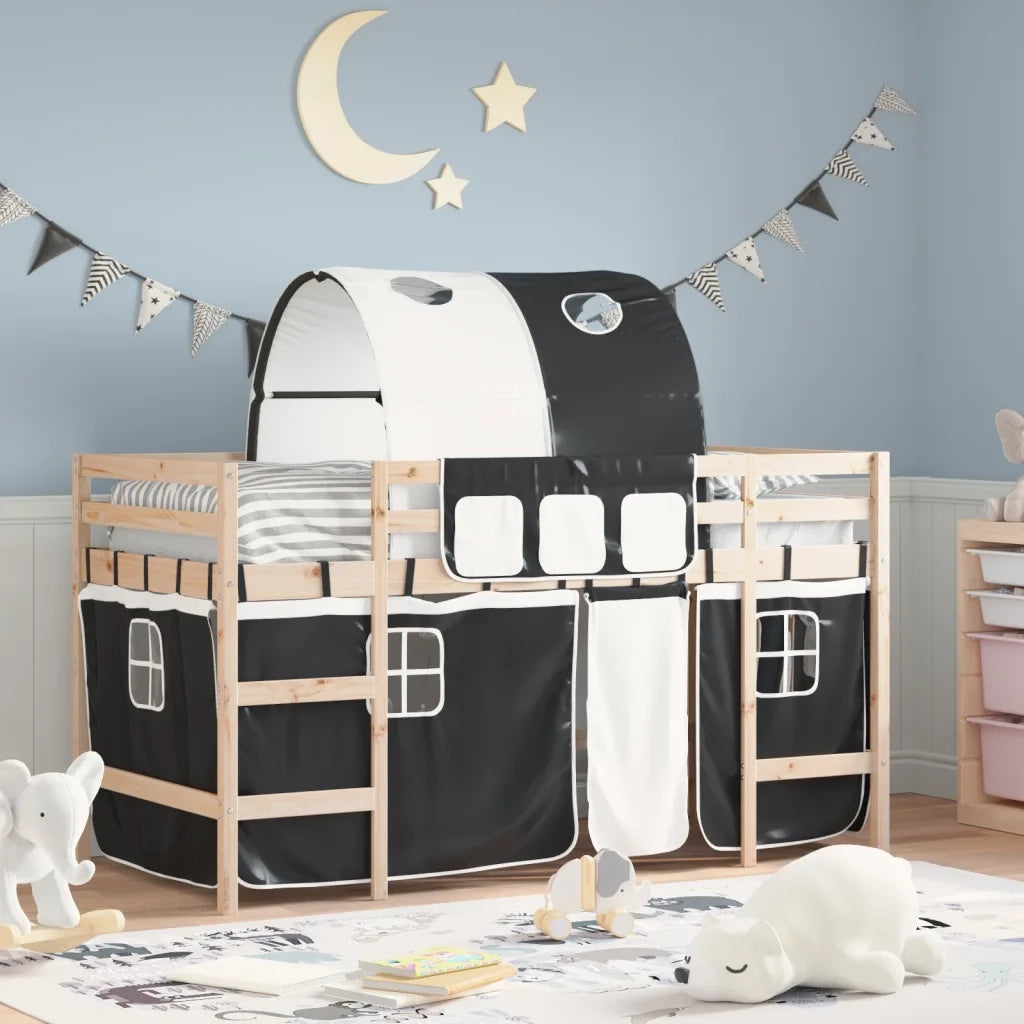 Letto a Soppalco con Tunnel Bambini | Letto Infantile | Lettino Bianco e Nero 80x200cm Pino