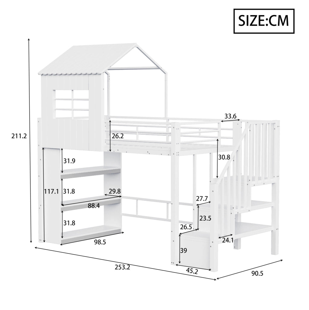 Letto a soppalco multifunzionale 90x200 cm con scala contenitore e ripiani integrati