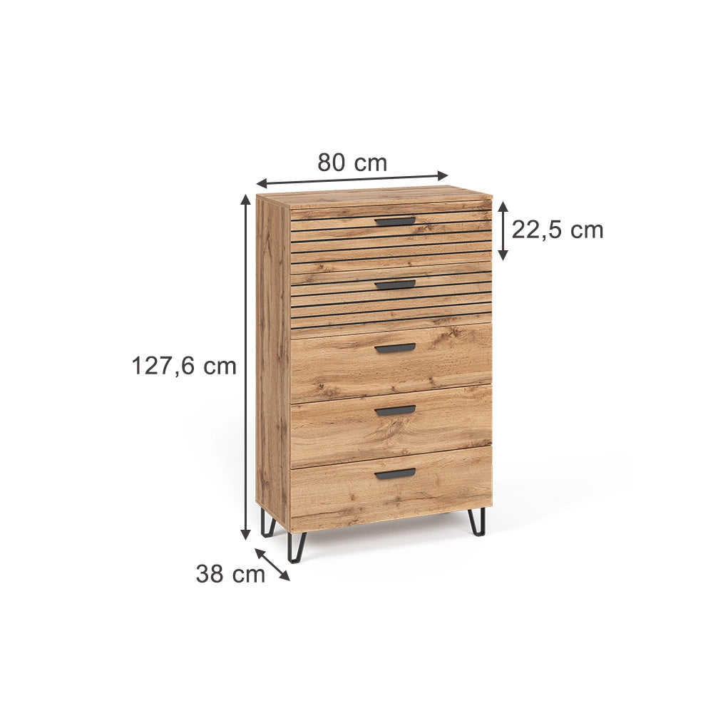 Vicco Cassettiera per camera da letto Quercia Wotan 80 x 127.6 cm con 5 cassetti