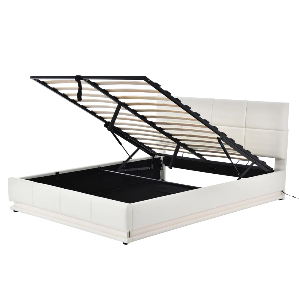 Letto matrimoniale imbottito 160x200 cm con LED e vano contenitore