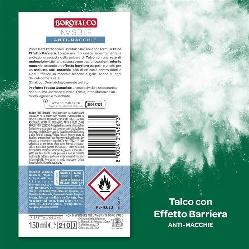 BOROTALCO DEODORANTE SPRAY INVISIBILE AZZURRO NO ALCOOL CON TALCO EFFETTO BARRIERA 150 ML NEW