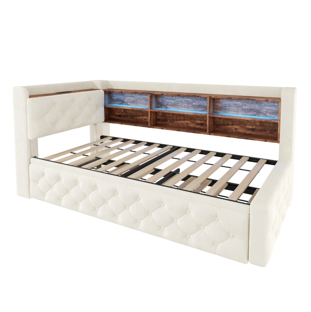 Divano letto 90x190 cm estraibile con contenitore; LED; USB e Type-C in velluto beige