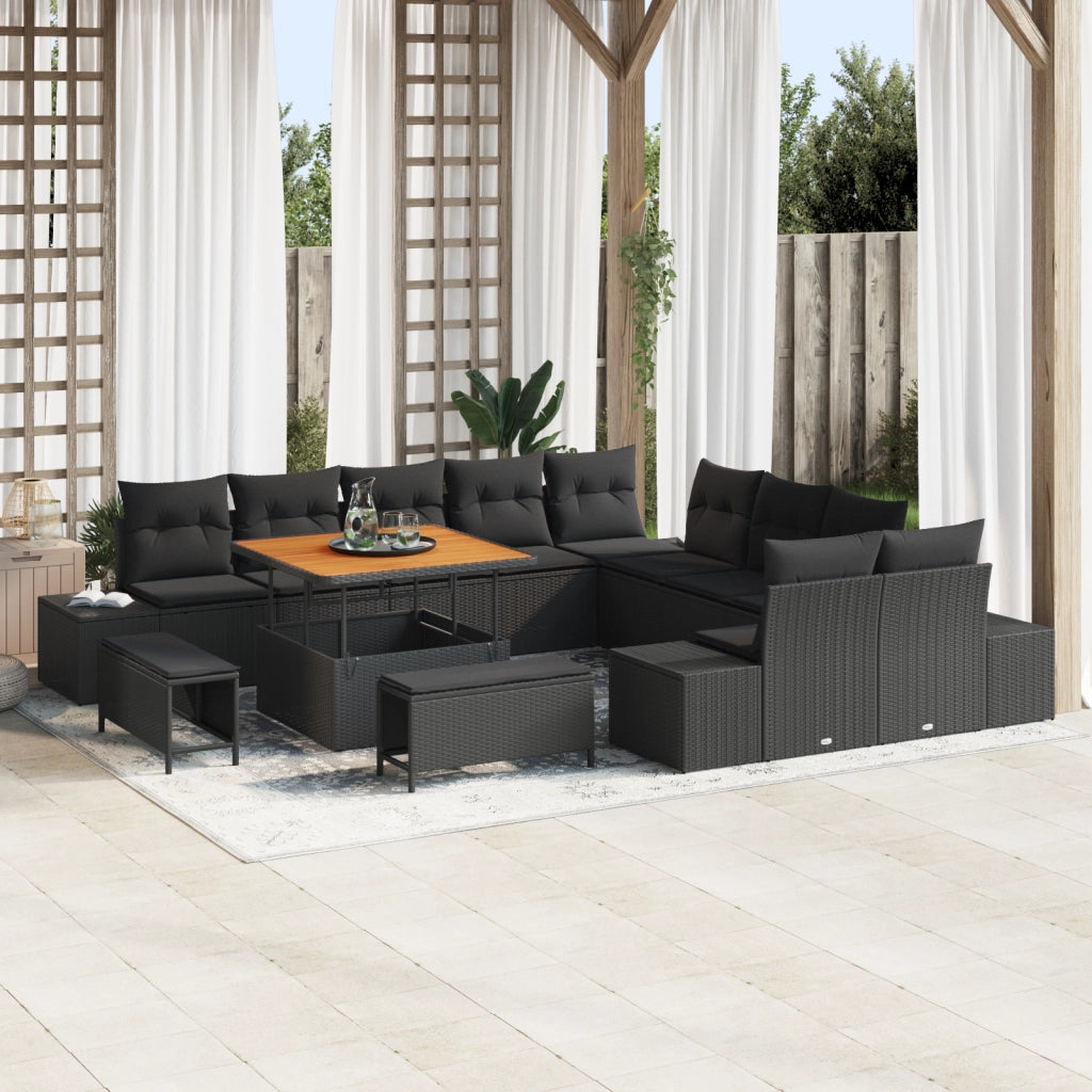 Set di divani da giardino  da 13 pezzi con cuscini in polyrattan nero e acacia