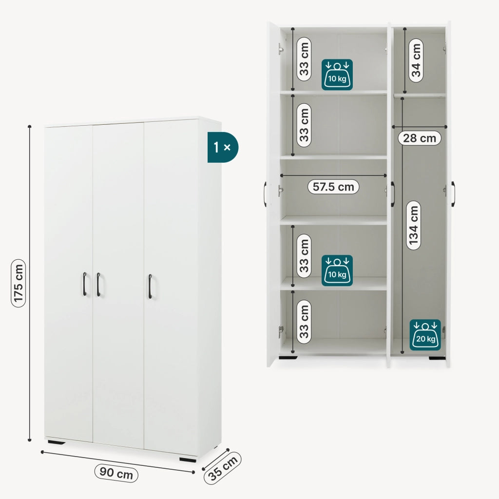Armadio Multifunzionale Chalvefted a 3 Ante e 7 Ripiani 175x90x35 cm - Bianco [en.casa]
