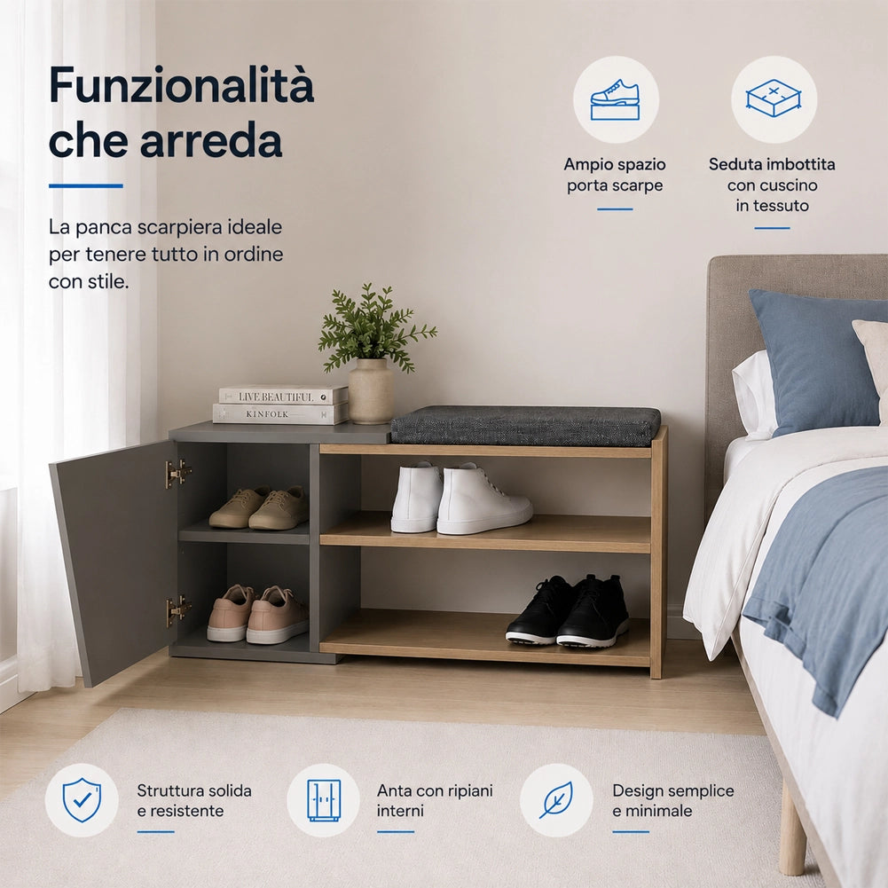 Panca Scarpiera Ingresso Casa 2 Ripiani Porta Scarpe con Anta e Cuscino Grigio