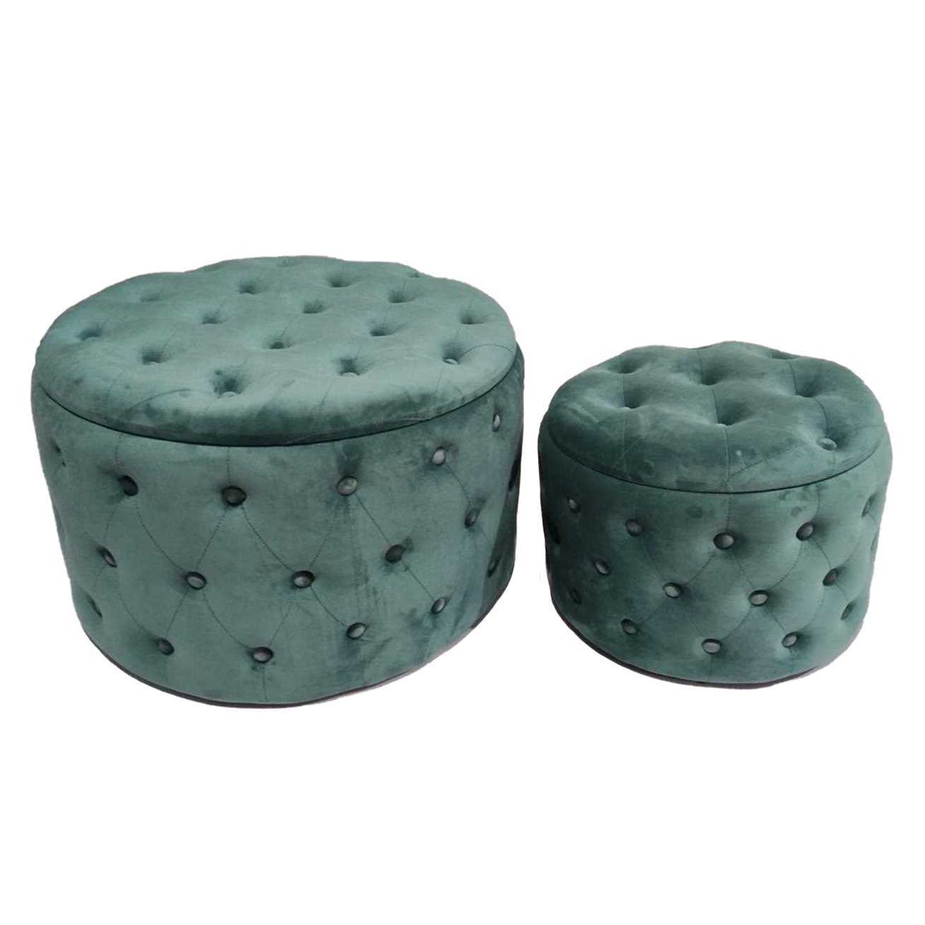 Set 2 Pouf Contenitore Ø50 cm e Ø70 cm in Tessuto Velluto Verde Salvia