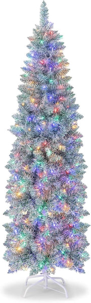 Albero di Natale Slim 150/180 cm, Albero con 190/250 Luci LED Colorate, Base in Metallo Pieghevole, Per Casa e Ufficio (180 cm)