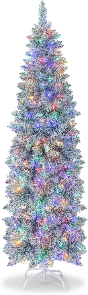 Albero di Natale Slim 150/180 cm, Albero con 190/250 Luci LED Colorate, Base in Metallo Pieghevole, Per Casa e Ufficio (180 cm)