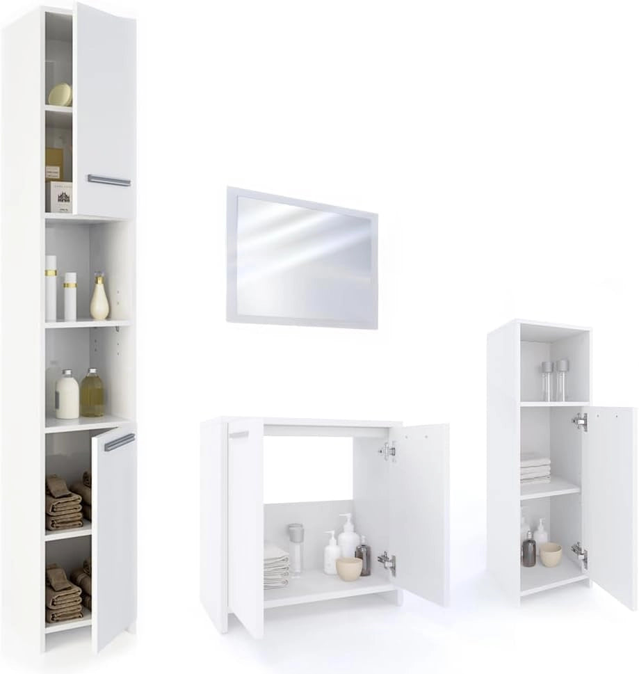 Set mobili bagno Kiko, Bianco, 58 cm, composto da mobile lavabo, pensile a specchio, colonna e base media