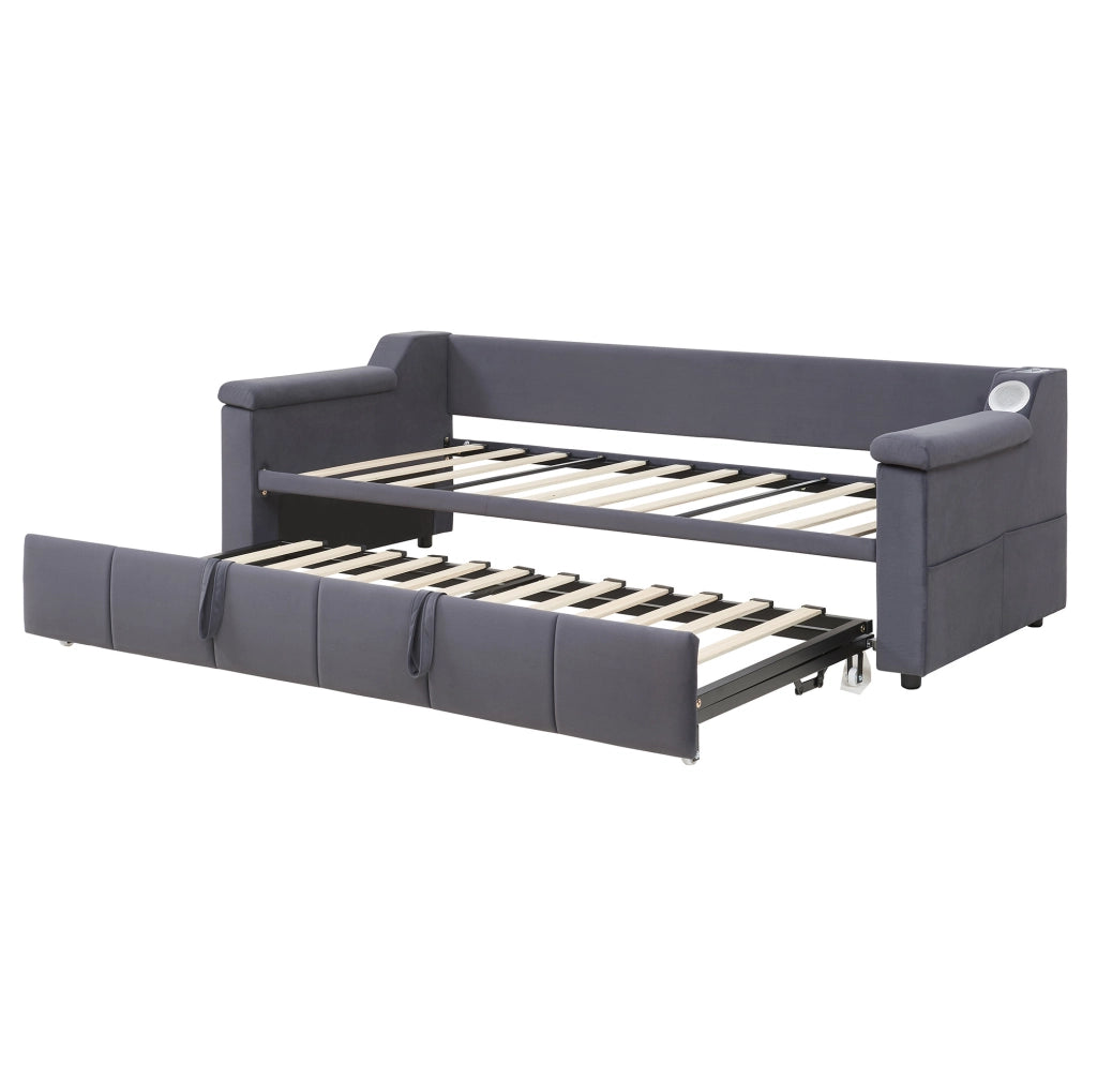 Polsterbett Schlafsofa 90/180x190 cm in Grau mit Bluetooth-Stereo, USB-Ladeanschlüssen und Ablagefächern
