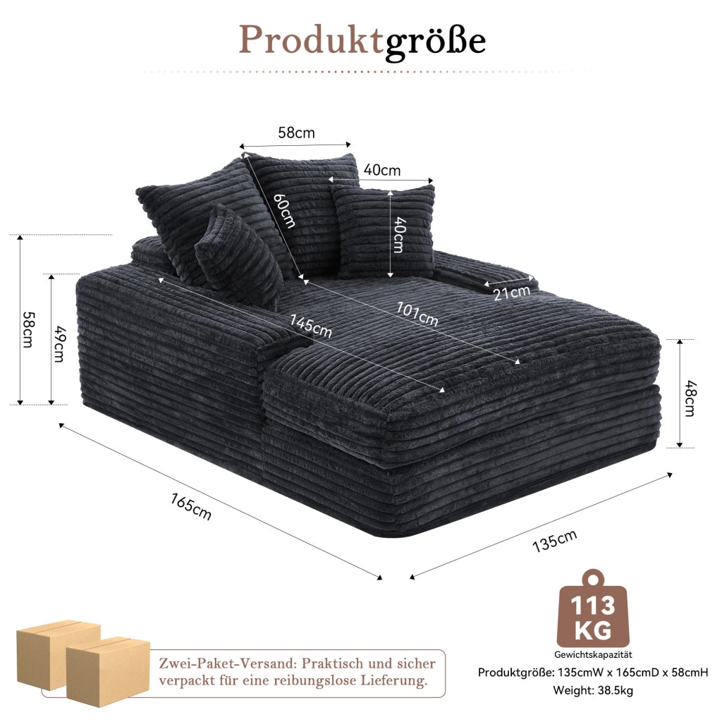 Chaise longue grigia in velluto a coste con 4 cuscini