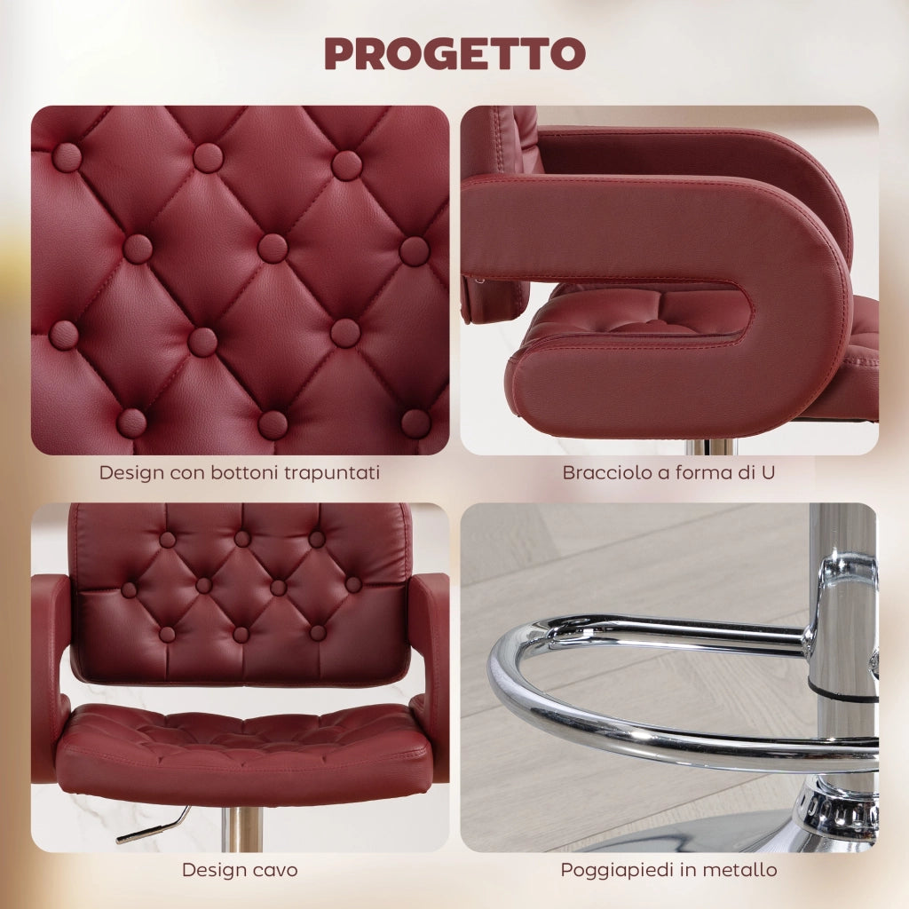 Sgabello da Bar con Schienale e Braccioli, Altezza Regolabile e Poggiapiedi, Finta Pelle Rosso