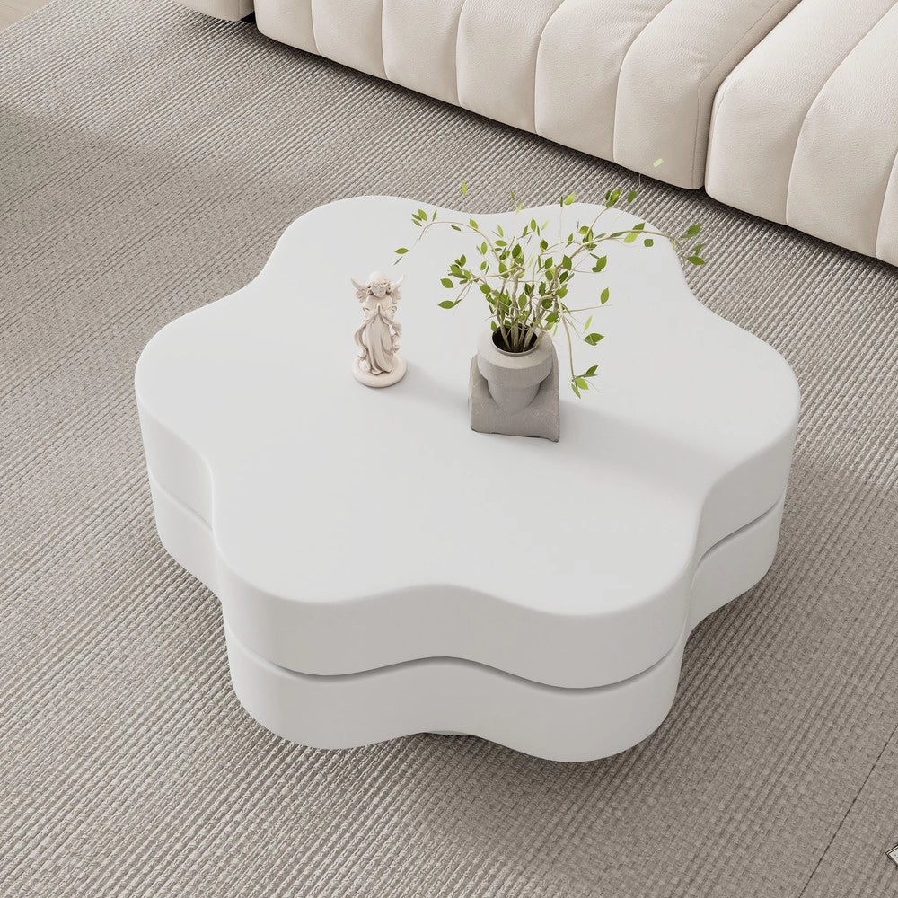 Tavolino da Salotto Rotondo ¨C MINIMAL ¨C MDF, Bianco Crema, Piano Girevole 360¡ã, 2 Livelli, 74.8x67.5x31 cm
