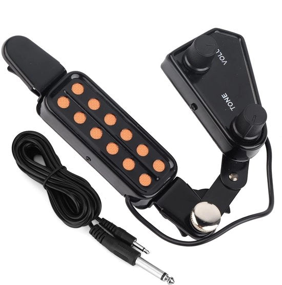 Chitarra elettrica portatile con 12 fori di suono - Transduttore magnetico - Preamplificatore - Regolazione del tono e del volume - Facile da installare - Accessorio multifunzionale - Chitarra acustica elettrificata