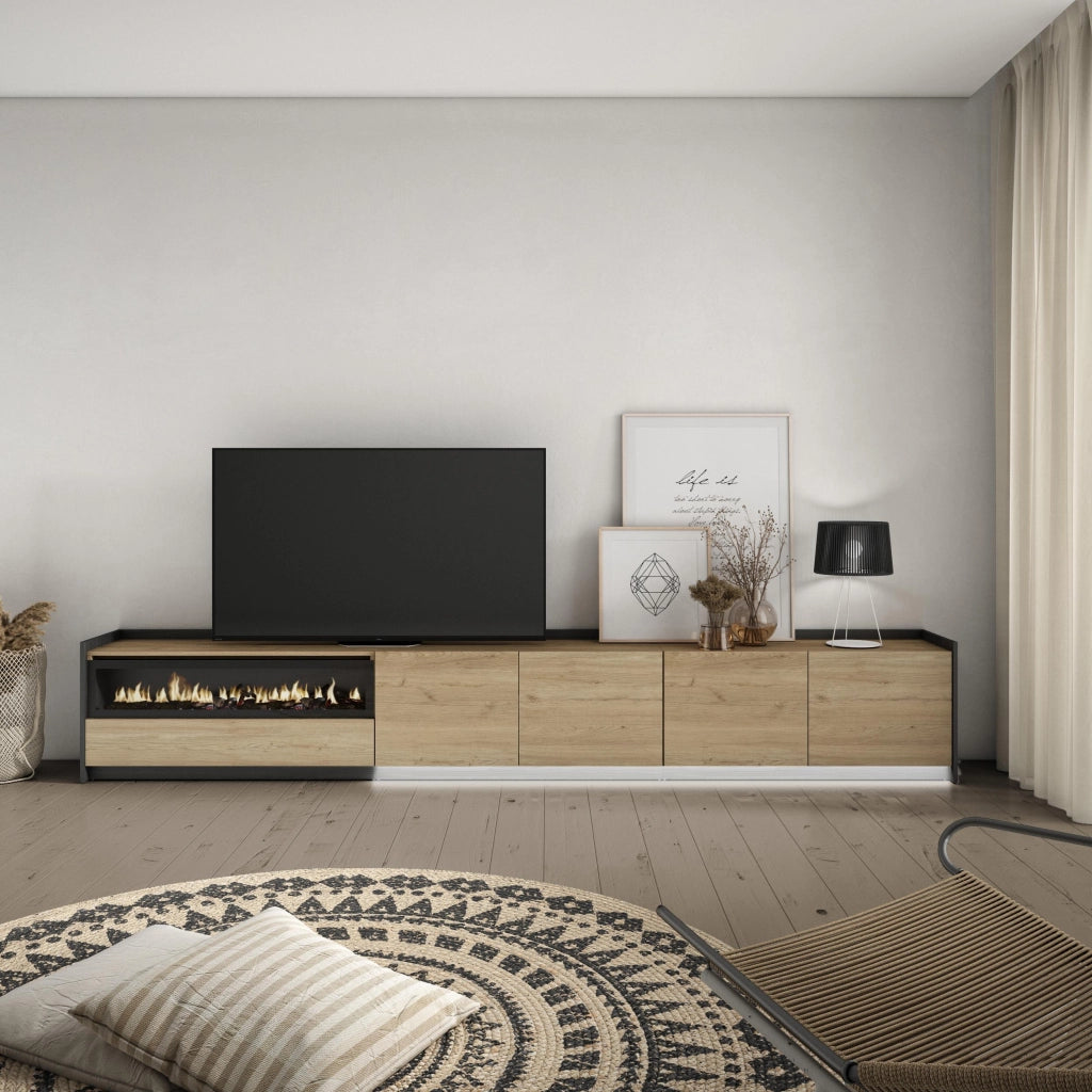 Mobile TV Soggiorno, 310x50x37 cm, Per TV fino a 80", Camino elettrico, LED, Rovere e nero