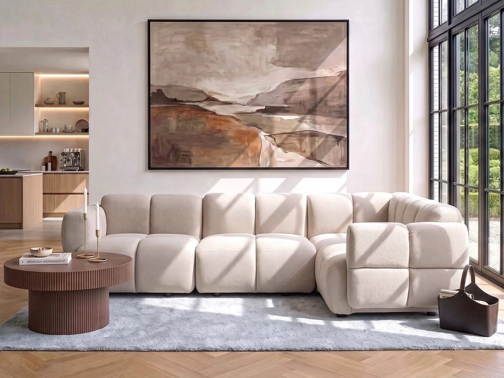 Divano modulare angolare sinistro a 4 posti, in tessuto beige, articolo modulare, divano componibile a quattro elementi, stile moderno