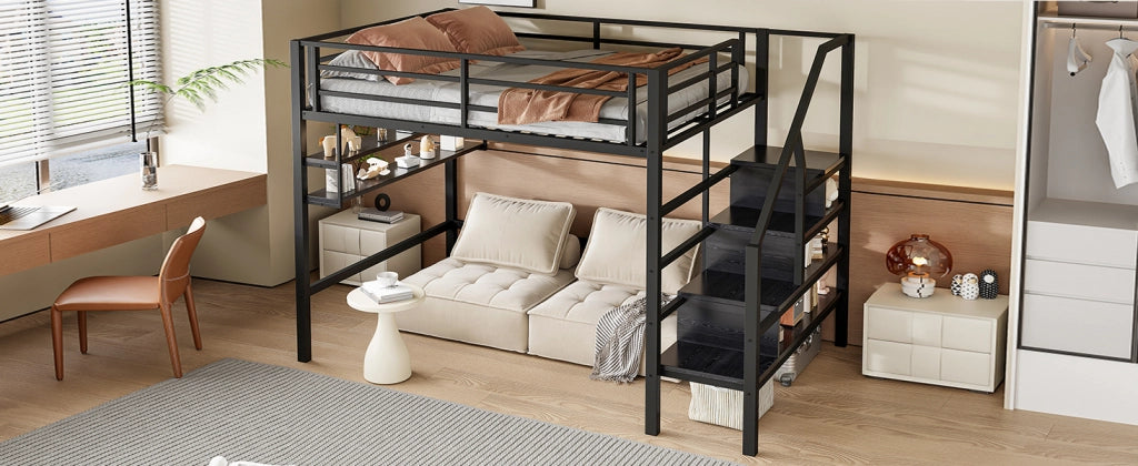 LETTO a soppalco 140x200 cm in metallo nero con ripiani e scala contenitore
