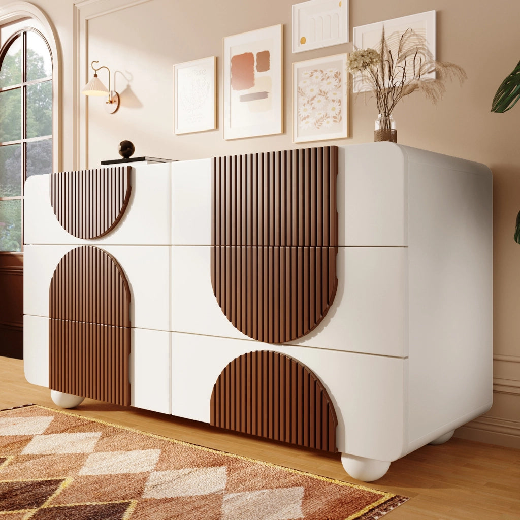 OKWISH Comò con 6 Cassetti e Bordi Curvi, Guide Scorrevoli Silenziose e Dispositivo Antiribaltamento, 121 x 41 x 71 cm