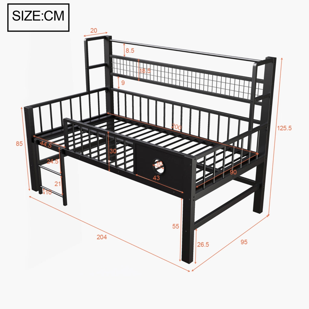 Letto a soppalco basso per bambini 90x200 cm in metallo nero
