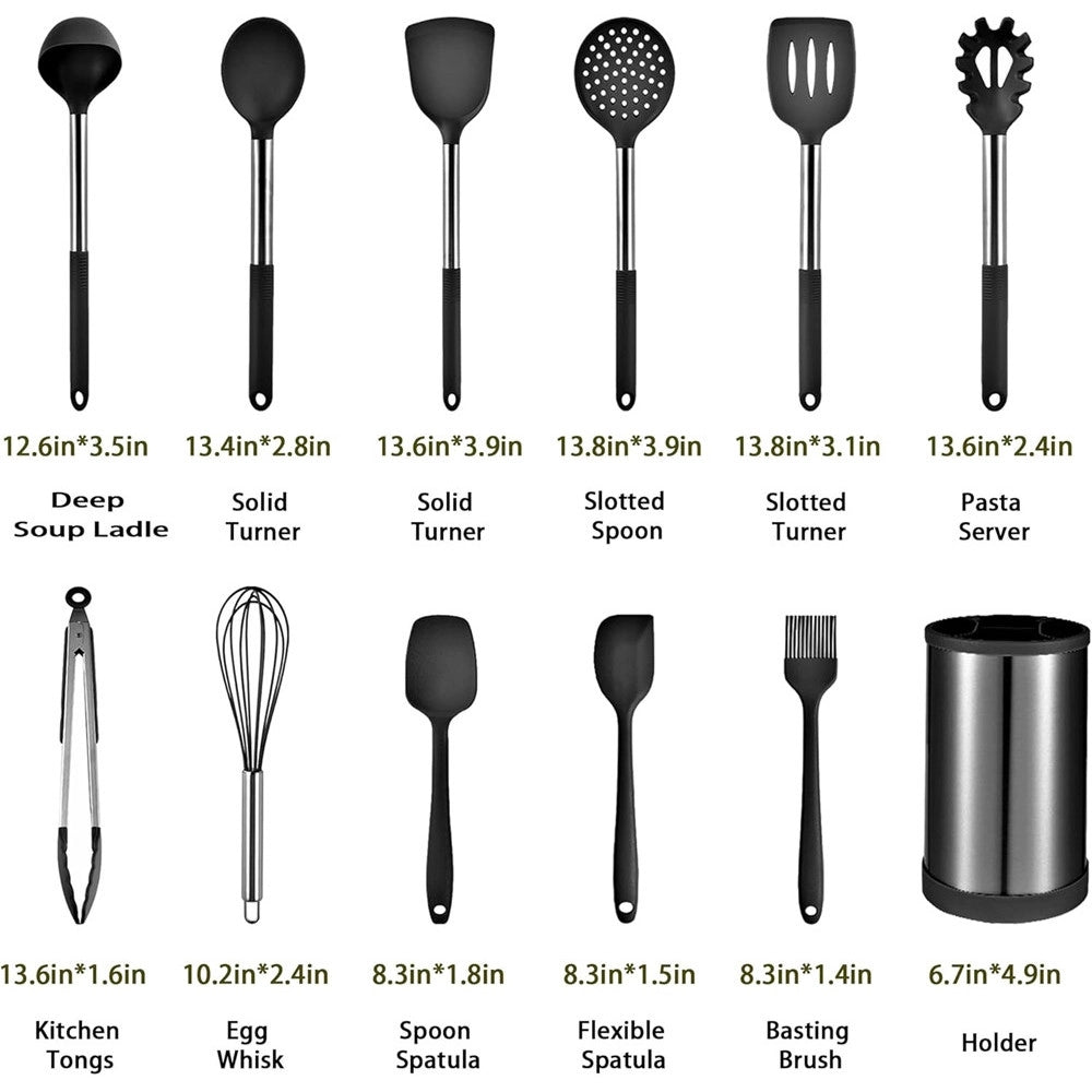 Trade Shop - Set 12pz Utensili Da Cucina Mestoli In Silicone Acciaio Antiaderente Portaposate Girevole -