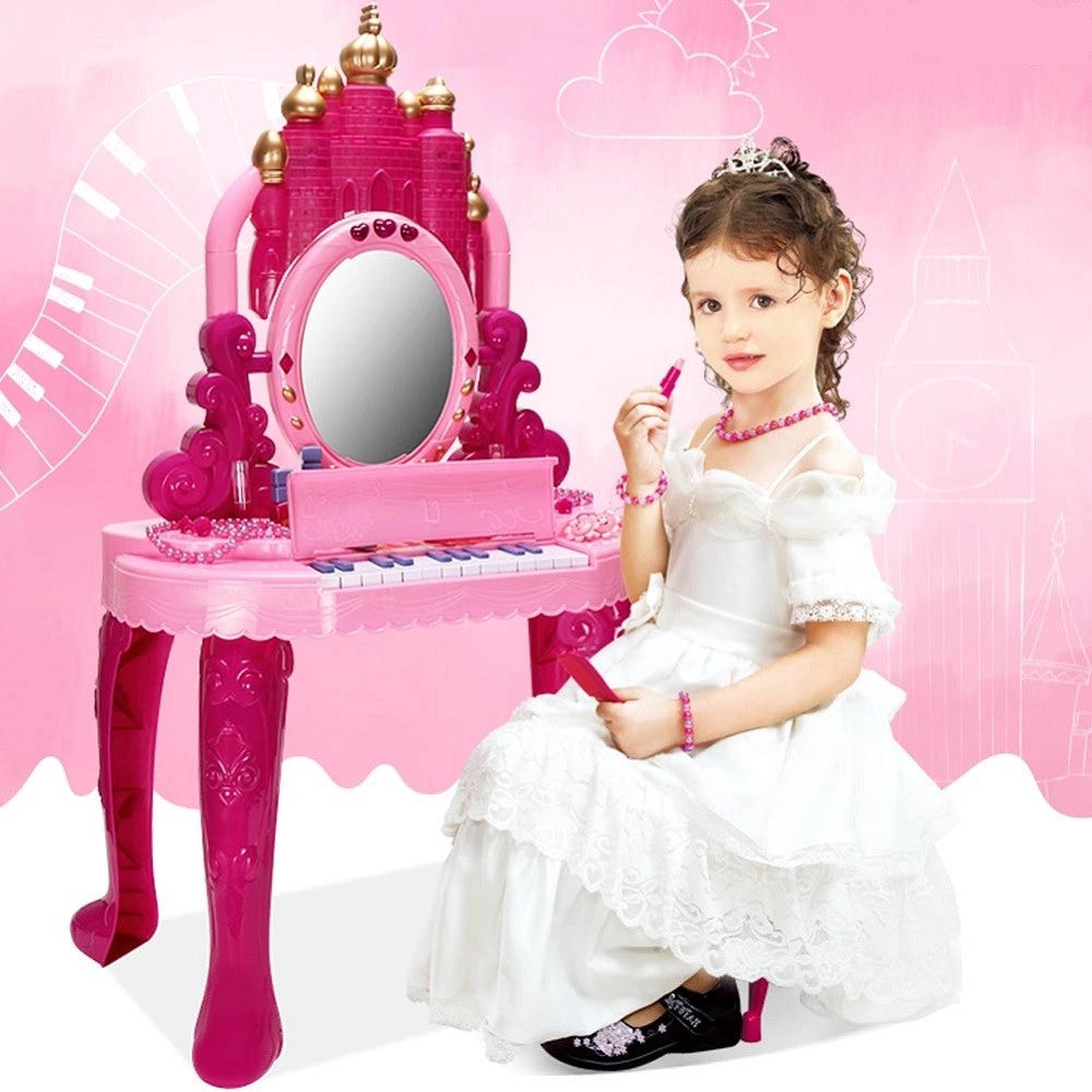 Trade Shop - Specchiera Make Up Per Bambina Con Luci Suoni Tastiera Pianola E Sgabello 2in1 -