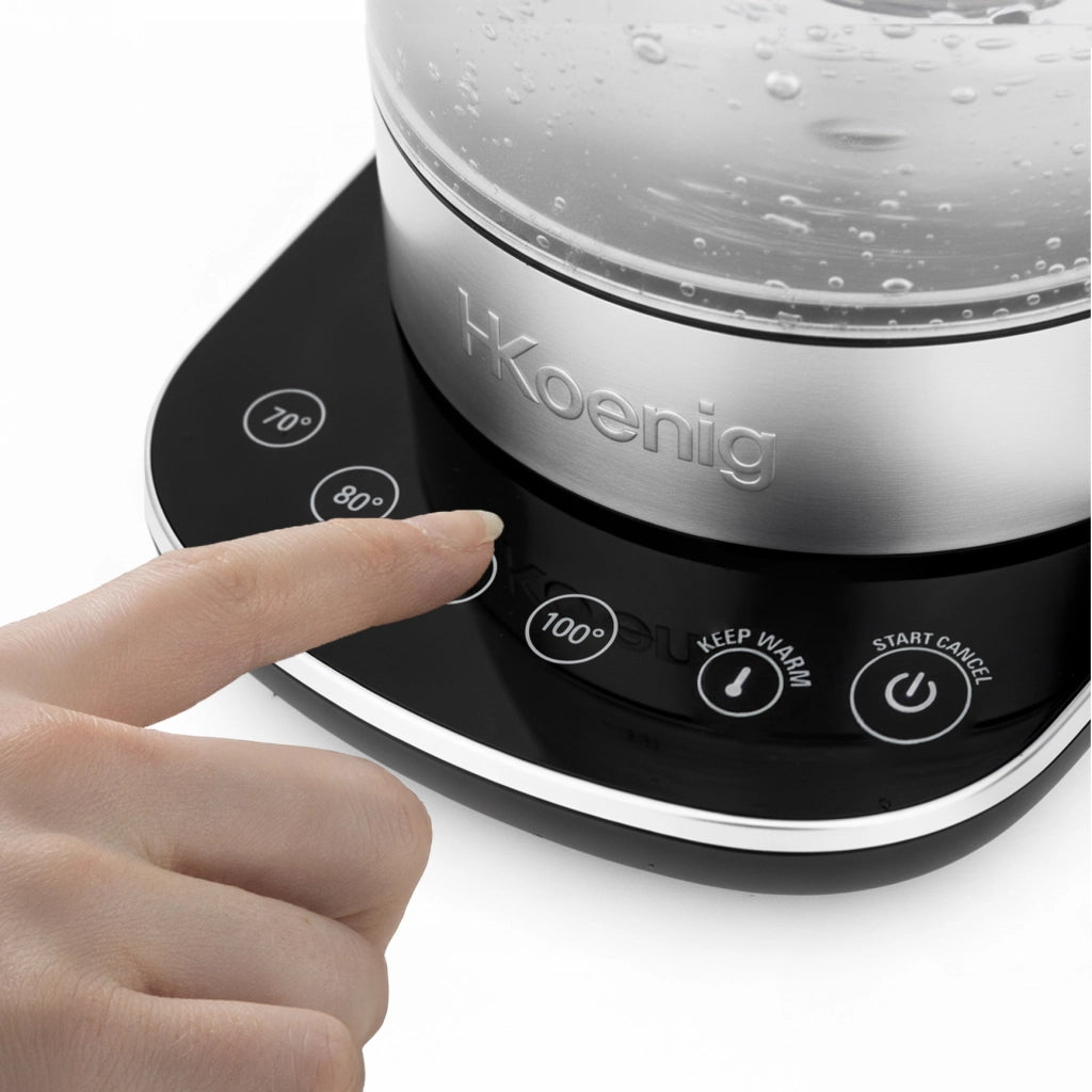 Bollitore elettrico in vetro, 1,5L, regolabile 70-100°C, base girevole a 360°