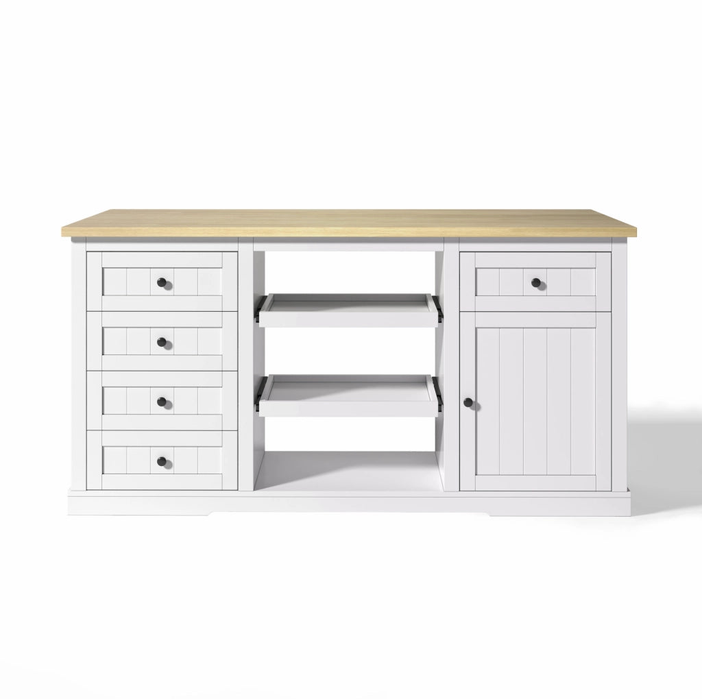 Isola cucina 150x65x75;5 cm in MDF bianco naturale con 5 cassetti e prese USB