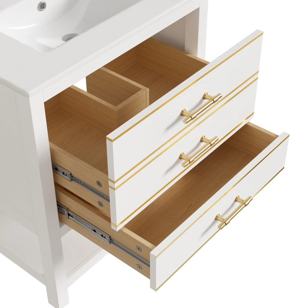 Mobile sottolavabo con lavabo in ceramica, 2 cassetti e vano aperto, finitura lucida, per bagno, bianco oro, 76 cm
