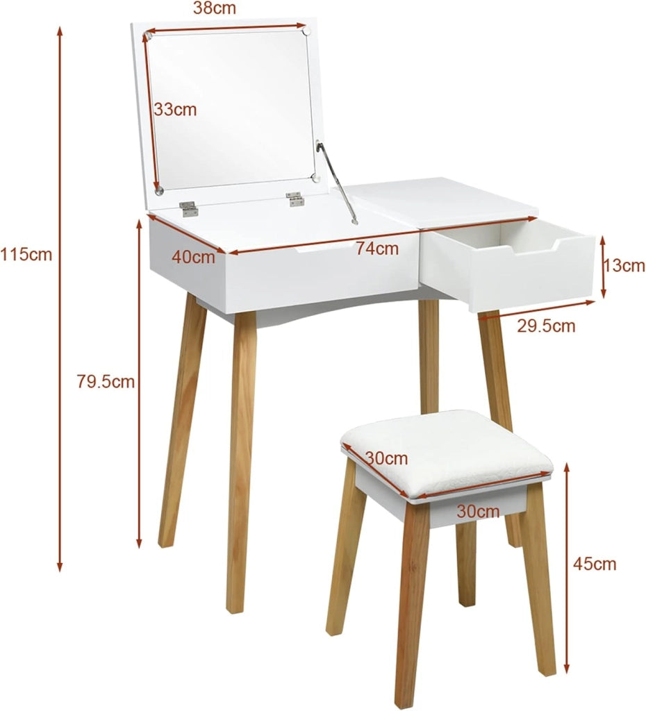 Tavolo da toeletta con sgabello e specchio pieghevole, in legno con cassetto, facile da montare per camera da letto, bagno, bianco