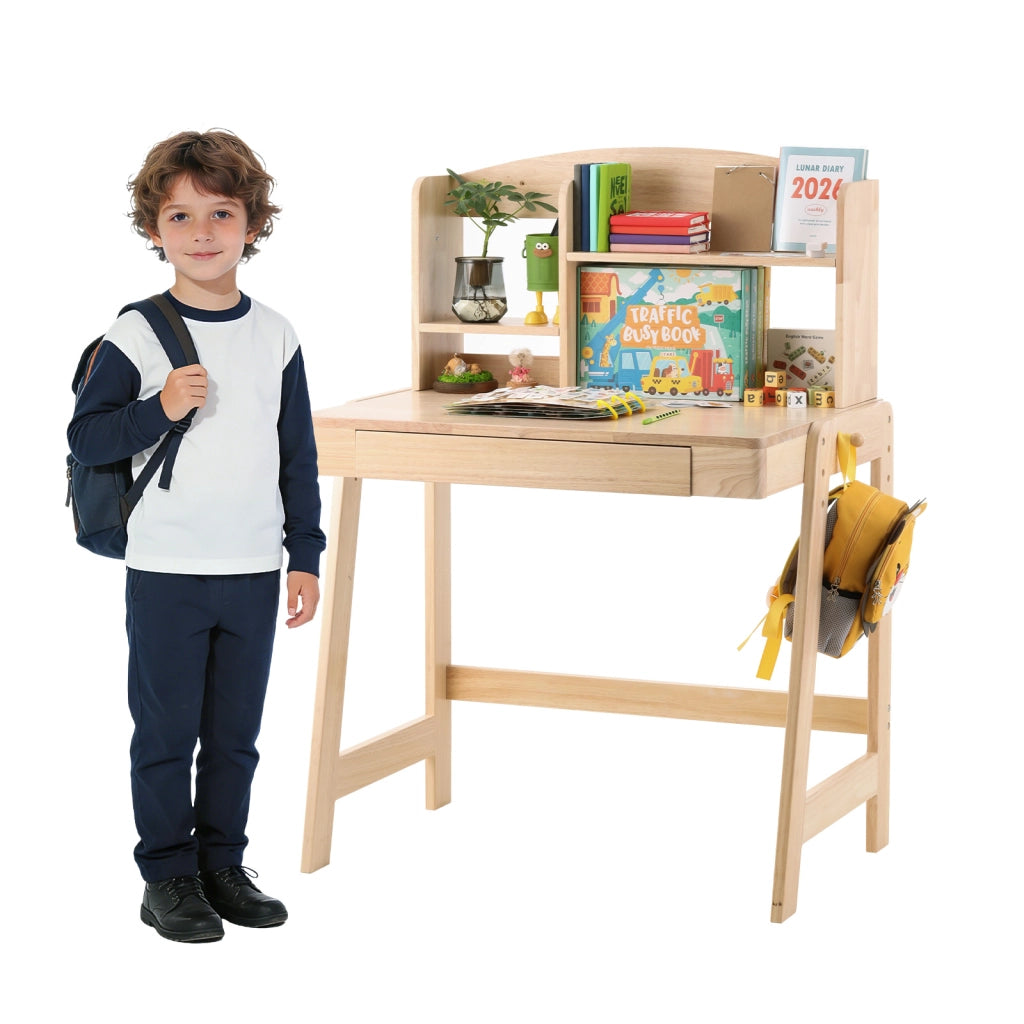 Scrivania per bambini, regolabile in altezza, con cassetto e ripiani, color rovere