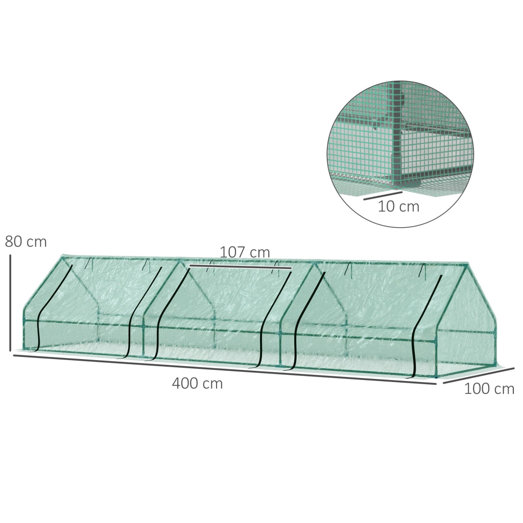 Mini Serra per Piante Impermeabile con 3 Ingressi Avvolgibili, in Acciaio e PE, 400x100x80 cm, Verde